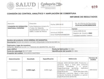 Informe de resultados de muestras tomadas a botellas de 600 ml. de agua mineral Peñafiel en Jalisco.